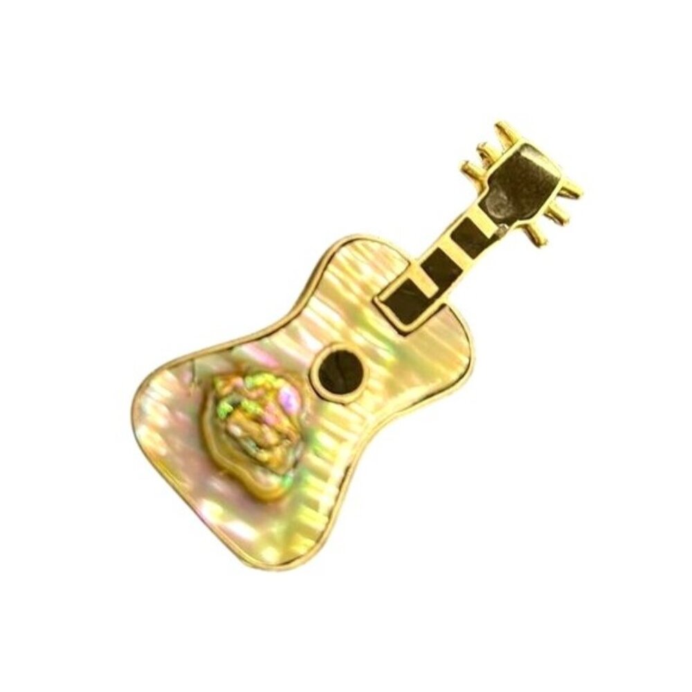 Vintage Guitar-Shaped Pin Brooch  Abalone Inlay  Silver Tone Finish 2 1/4" Long